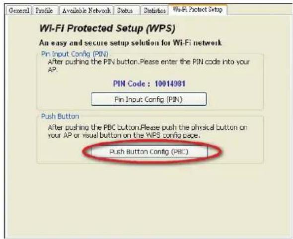 Wi-Fi Protected Setup (WPS) An easy and secure setup solution for Wi-Fi network Pin Input Config (PIN) After pushing the PIN button. Please enter the PIN code into your AP. PIN Code : 10014981 Pin Input Config (PIN) Push Button After pushing the PBC button. Please push the physical button on your AP or visual button on the WPS config page. Push Button Config (PBC)