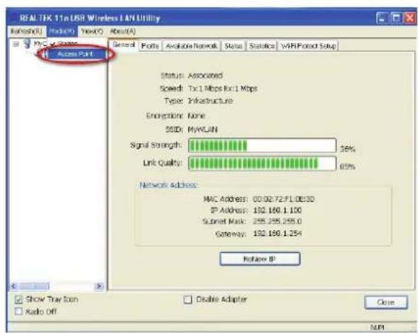 REAL TJK 11n USB Wireless LAN Utility Refresh(R) Update(0) Search(V) About(A) General Ports Available Network Status Statistics WiFi Protocol Setup Access PORT Status: Associated Speed: Tx1 Mbps Rx1 Mbps Type: Infrastructure Endoption: None SSID: MyLAN Signal Strength: 36% Unit Quality: 69% Network Address: MAC Address: 00.02.72.F1.0E3D IP Address: 192.160.1.100 Subset Mask: 255.255.255.0 Gateway: 192.160.1.254 Replace IP Show Tray Icon Disable Adapter Close Radio Off NUM