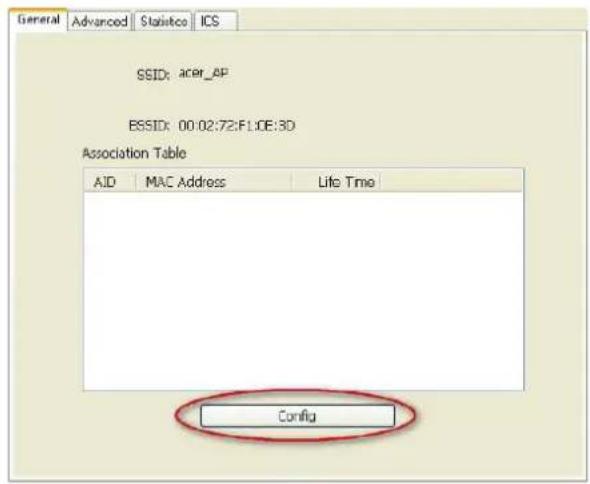 General Advanced Statistic ICS SSID: acer_AP ESSID: 00:02:72:F1:08:3D Association Table AID MAC Address Life Time Config