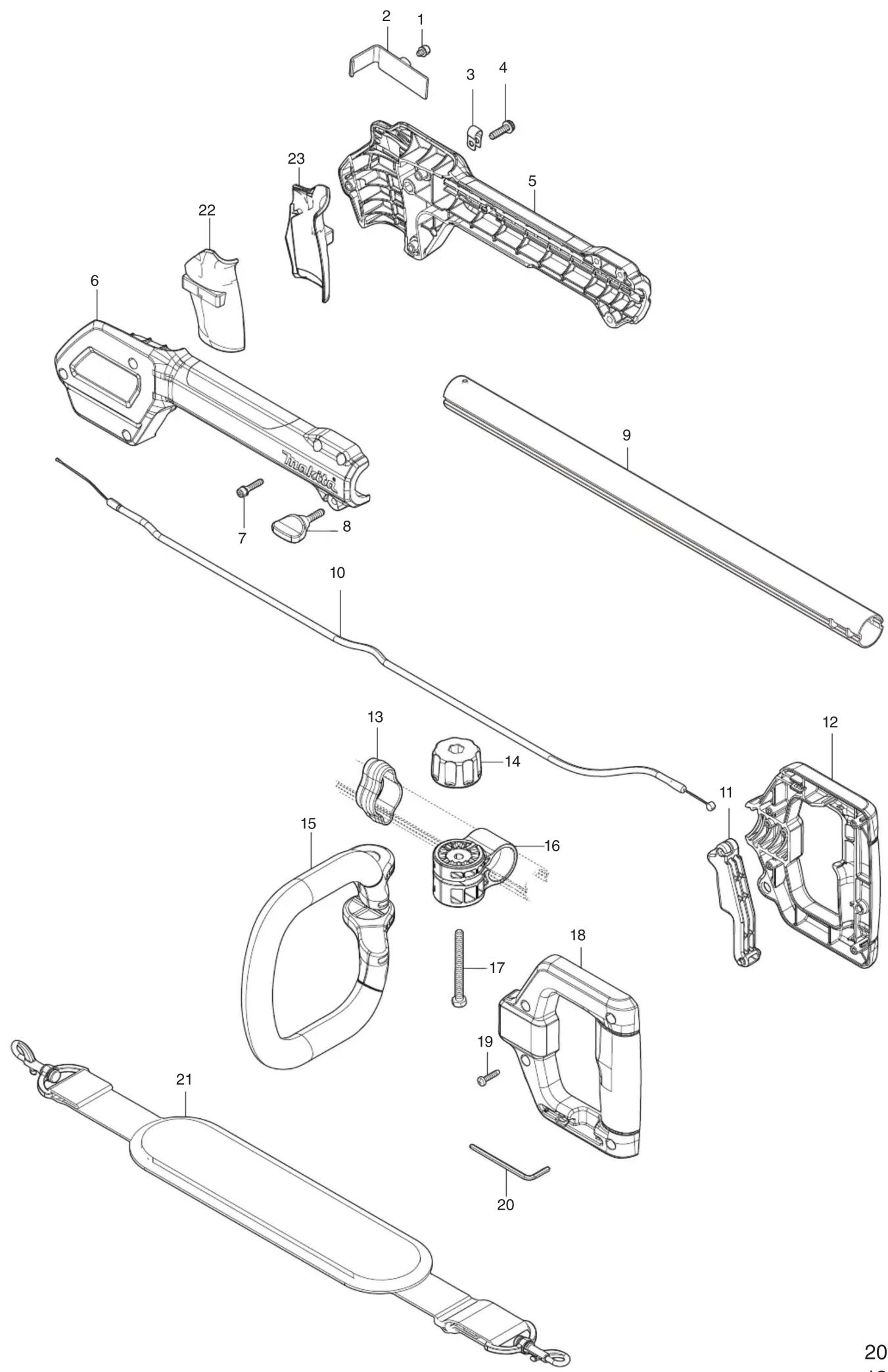 Exploded view diagram of a handheld gun with numbered parts for identification