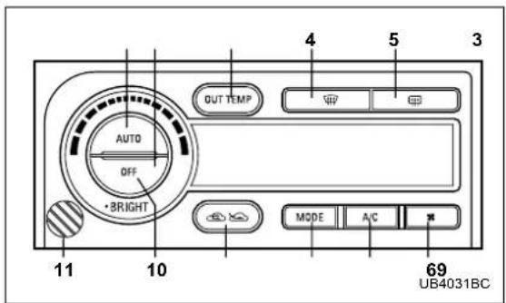4 5 3 OUT TEMP OFF AUTO OFF •RIGHT MODE A/C 11 10 69 UB4031BC