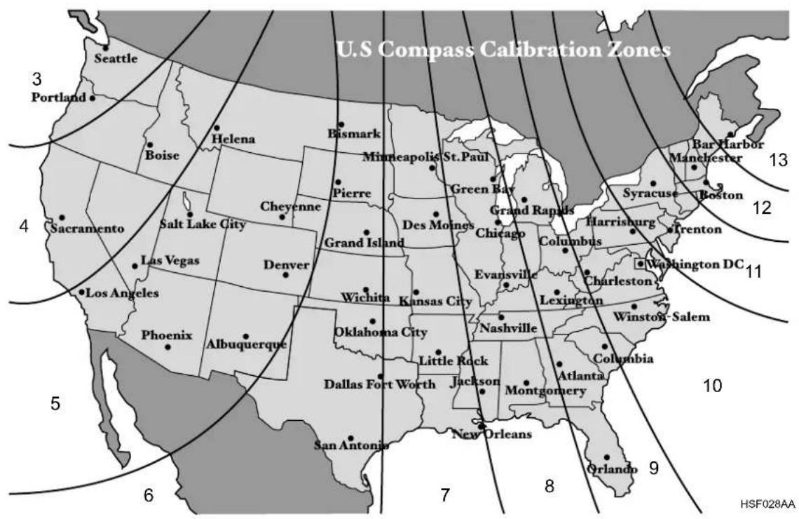 U.S Compass Calibration Zones 3 Portland Boise Helena Bismark Minneapolis St. Paul Green Bay Grand Rapids Chicago Columbus Harrisburg Trenton Syracuse Boston Bar Harbor Manchester 13 Sacramento Salt Lake City Cheyenne Pierre Grand Island Evansville Charleston Washington DC 12 Las Vegas Denver Wichita Kansas City Lexington Los Angeles Phoenix Albuquerque Oklahoma City Nashville Winston-Salem Columbia Dallas Fort Worth Jackson Montgomery Atlanta San Antonio New Orleans Orlando 9 7 8 5 6 HSF028AA