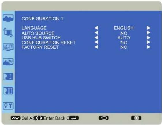 CONFIGURATION 1 LANGUAGE ENGLISH AUTO SOURCE NO USB HUB SWITCH AUTO CONFIGURATION RESET NO FACTORY RESET NO