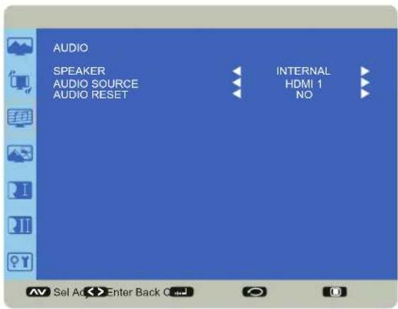 AUDIO SPEAKER AUDIO SOURCE AUDIO RESET INTERNAL HDMI 1 NO AV Sel Ad Enter Back Q