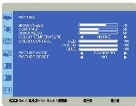 PICTURE BRIGHTNESS 70 CONTRAST 50 SHARPNESS 50 COLOR TEMPERATURE NATIVE COLOR CONTROL RED 100 GREEN 100 BLUE 100 STANDARD NO PICTURE MODE PICTURE RESET