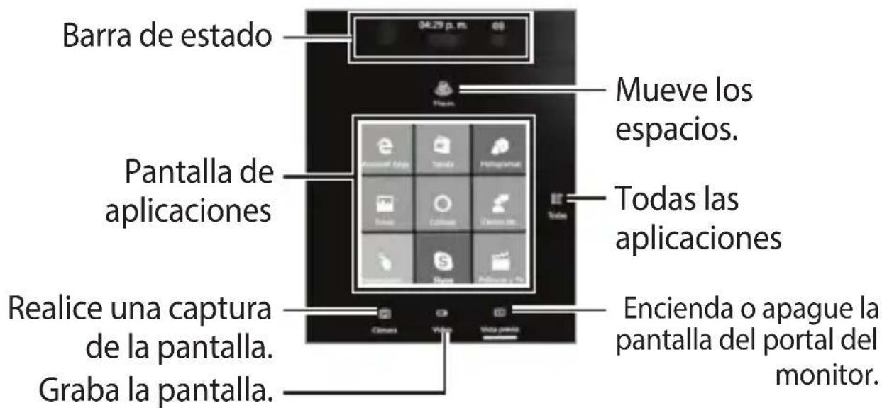 Barra de estado Pantalla de aplicaciones Realice una captura de la pantalla. Graba la pantalla. Mueve los espacios. Todas las aplicaciones Encienda o apague la pantalla del portal del monitor.