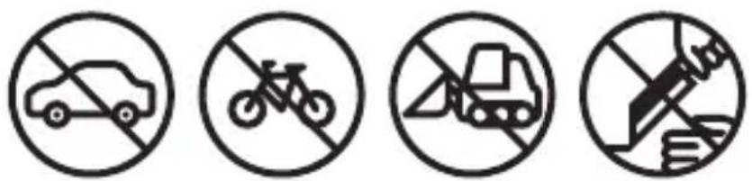 Four circular icons showing no-dominant traffic symbols: car, bicycle, bulldozer, and pencil.