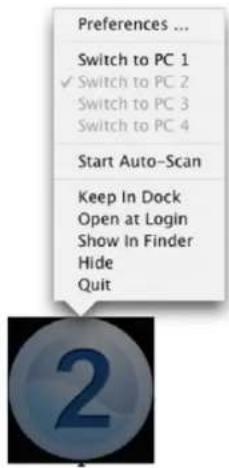 Preferences ... Switch to PC 1 ✓ Switch to PC 2 Switch to PC 3 Switch to PC 4 Start Auto-Scan Keep In Dock Open at Login Show In Finder Hide Quit