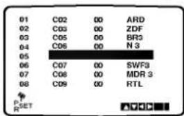 01 C02 00 ARD 02 C03 00 ZDF 03 C05 00 BR3 04 C06 00 N 3 05 06 C07 00 SWF3 07 C08 00 MDR 3 08 C09 00 RTL P SET