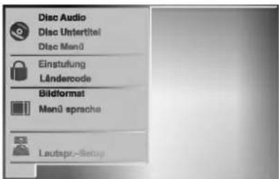 Disc Audio Disc Untertitel Disc Menü Einstufung Ländercode Bildformat Menü sprache Leutspr-Setup