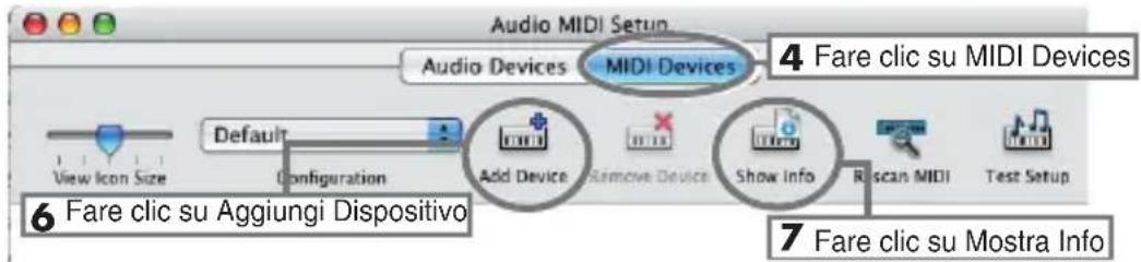 Audio MIDI Setup Audio Devices MIDI Devices 4 Fare clic su MIDI Devices Default Add Device Remove Device Show Info R scan MIDI Test Setup View Icon Size Configuration 6 Fare clic su Aggiungi Dispositivo 7 Fare clic su Mostra Info