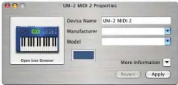 LM-2 MIDI 2 Properties Device Name UM-2 MIDI 2 Manufacturer Model Open Icon Browser More Information Revert Apply