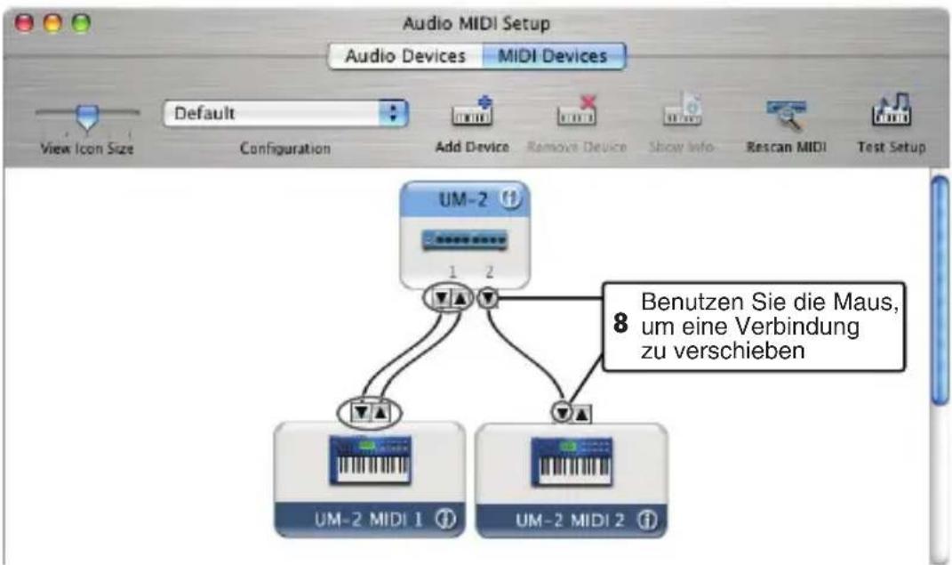 Audio MIDI Setup Audio Devices MIDI Devices Default View Icon Size Configuration Add Device Remove Device Show Info Rescan MIDI Test Setup UM-2 1 2 8 Benutzen Sie die Maus, um eine Verbindung zu verschieben UM-2 MIDI 1 UM-2 MIDI 2
