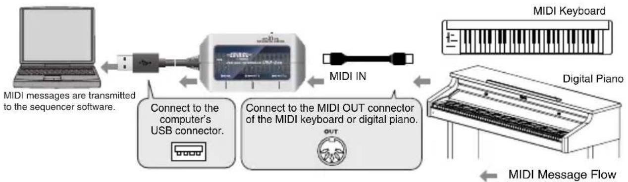ROLAND UM-2EX - Transmitting MIDI messages from a MIDI keyboard or digital piano to the sequencer software - 1