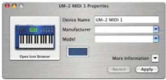 UM-2 MIDI 1 Properties Device Name UM-2 MIDI 1 Manufacturer Model Open Icon Browser More Information Revert Apply