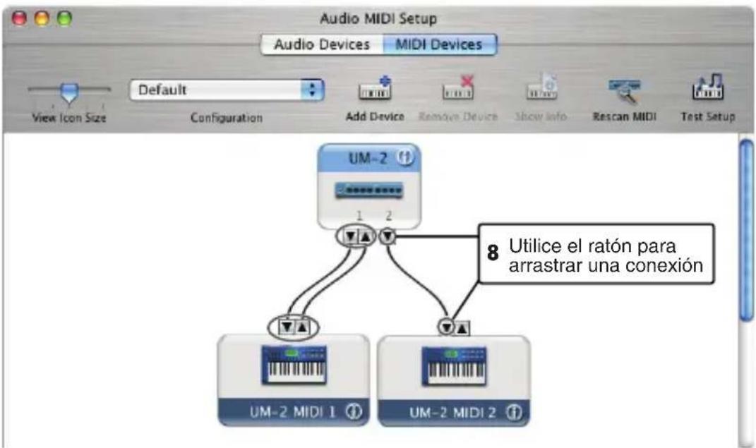 Audio MIDI Setup Audio Devices MIDI Devices Default View Icon Size Configuration Add Device Remove Device Show Info Rescan MIDI Test Setup UM-2 1 2 8 Utilice el ratón para arrastrar una conexión UM-2 MIDI 1 UM-2 MIDI 2