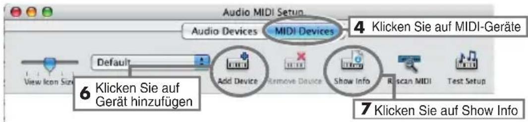 Audio MIDI Setup Audio Devices MIDI Devices 4 Klicken Sie auf MIDI-Geräte Default Add Device Remove Device Show Info Riscan MIDI Test Setup 6 Klicken Sie auf Gerät hinzufügen 7 Klicken Sie auf Show Info