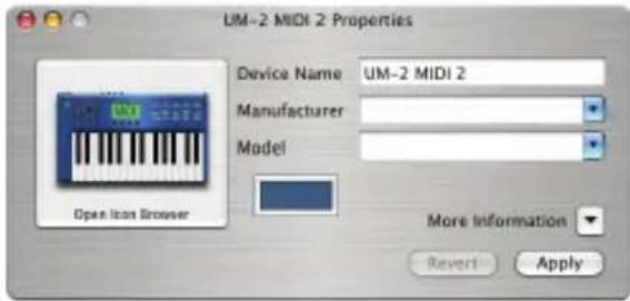 UM-2 MIDI 2 Properties Device Name UM-2 MIDI 2 Manufacturer Model Open Icon Browser More Information Revert Apply