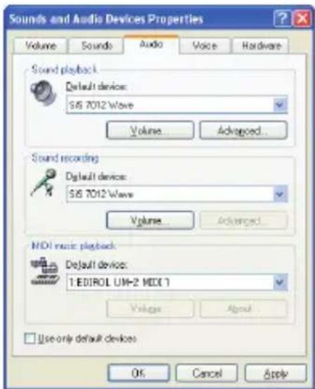 Sounds and Audio Devices Properties Volume Sounds Audio Voice Hardware Sound playback Default device: S8 7012 Wave Volume... Advanced... Sound recording Default device: S8 7012 Wave Volume... Advanced... MIDI music playback Default device: 1:EDIROL UM-2 MIDI 7 Voltage... About... Use only default devices OK Cancel Apply