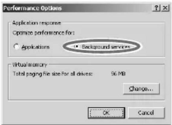 Performance Options Application response Optimize performance for: Applications Background services Virtual memory Total paging file size for all drives: 96 MB Change... OK Cancel