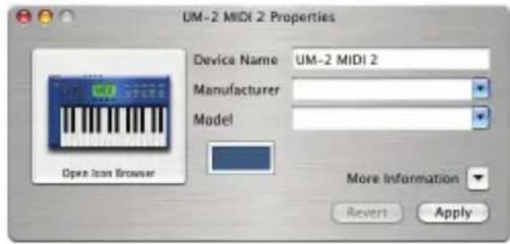 UM-2 MIDI 2 Properties Device Name UM-2 MIDI 2 Manufacturer Model Open Icon Browser More Information Revert Apply