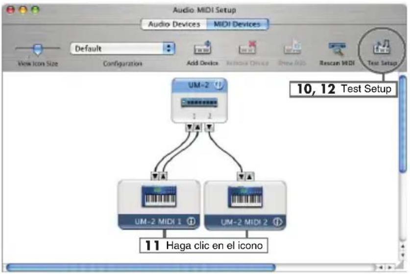 Audio: MIDI Setup Audio Devices MIDI Devices Default Add Device Remove Drive MIDR Escan MIDI Test Setup 10, 12 Test Setup 1 Haga clic en el icono