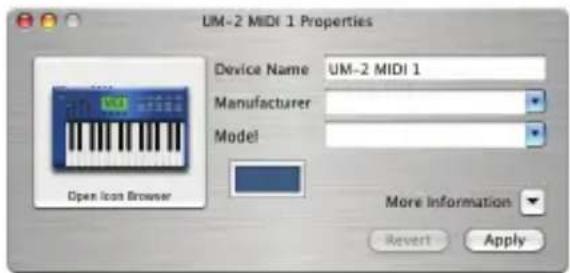 UM-2 MIDI 1 Properties Device Name UM-2 MIDI 1 Manufacturer Model Open Icon Browser More Information Revert Apply
