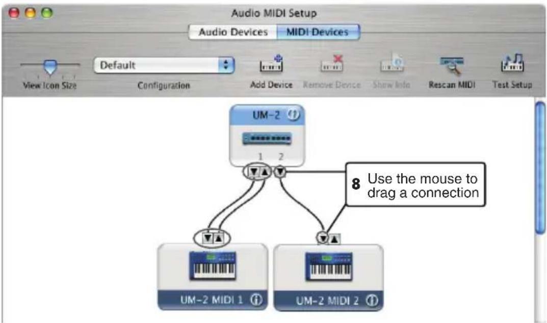 Audio MIDI Setup Audio Devices Mali Devices Default View Icon Size Configuration Add Device Remove Device Show Info Rescan MIDI Test Setup UM-2 1 2 8 Use the mouse to drag a connection UM-2 MIDI 1 UM-2 MIDI 2