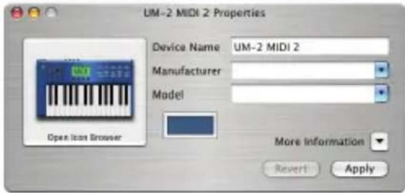 UM-2 MIDI 2 Properties Device Name UM-2 MIDI 2 Manufacturer Model Open Icon Browser More Information Revert Apply