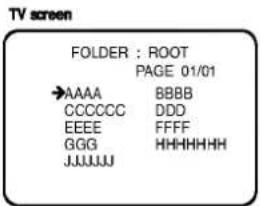 TV screen FOLDER : ROOT PAGE 01/01 →AAAA BBBBB CCCCC DDD EEEE FFFF GGG HHHHHHH JJJJJJ