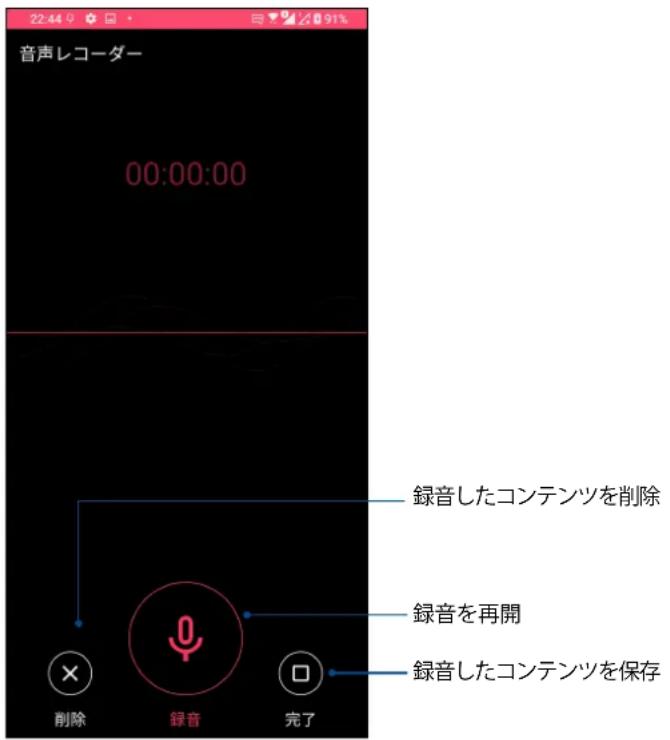 音声レコーダー 00:00:00 録音したコンテンツを削除 録音を再開 録音したコンテンツを保存 削除 録音 完了