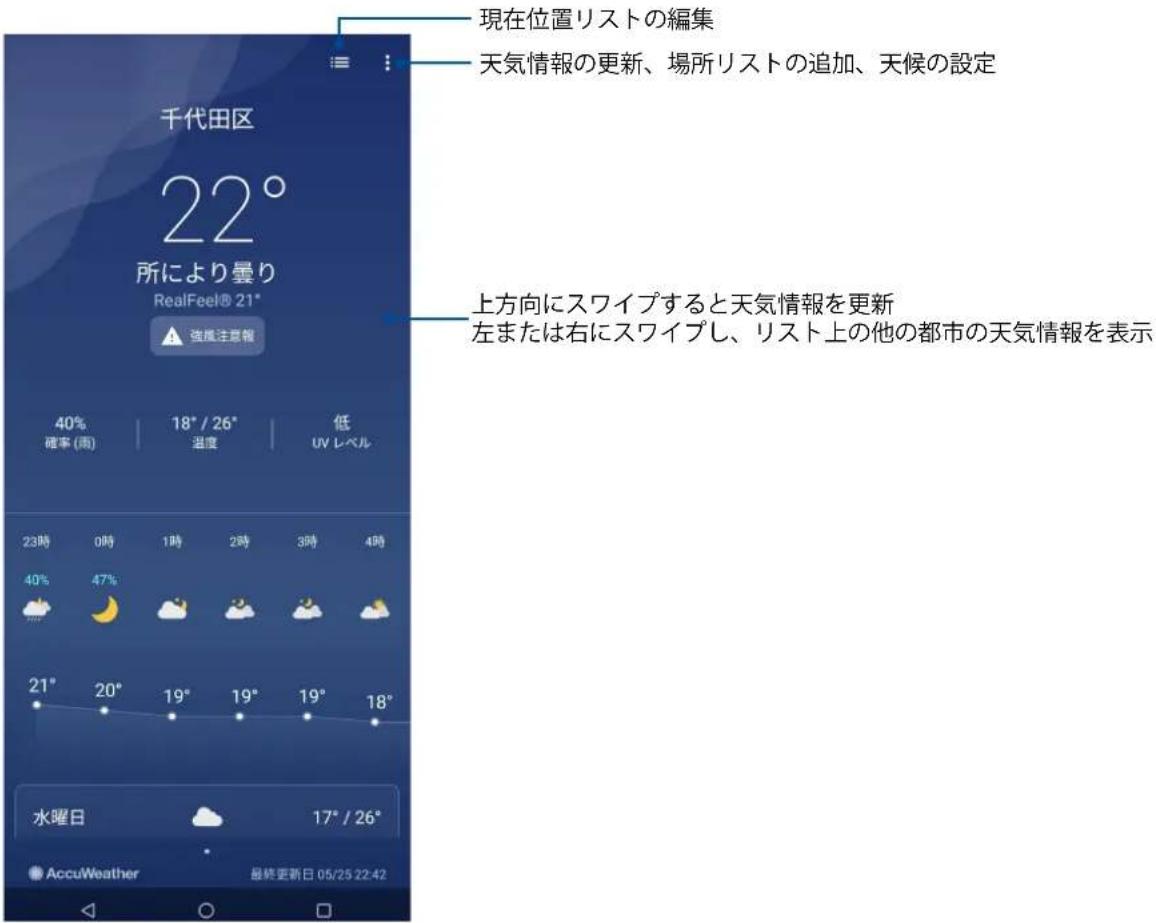 現在位置リストの編集 天気情報の更新、場所リストの追加、天候の設定 千代田区 22° 所により曇り RealFeel® 21° 強風注意報 40% 確率(雨) 18° / 26° 温度 低 UV レベル 上方向にスワイプすると天気情報を更新 左または右にスワイプし、リスト上の他の都市の天気情報を表示 23時 0時 1時 2時 3時 4時 40% 47% 21° 20° 19° 19° 19° 18° 水曜日 17° / 26° AccuWeather 最終更新日 05/25 22:42