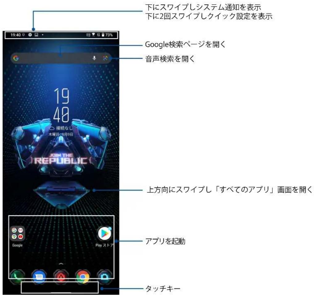 下にスワイプレシステム通知を表示 下に2回スワイプレクイック設定を表示 Google検索ページを開く 音声検索を開く 19 48 接続なし 木曜日~9月9日 JOIN THE REPUBLIC 上方向にスワイプし「すべてのアプリ」画面を開く アプリを起動 Google Play ストア タッチキー