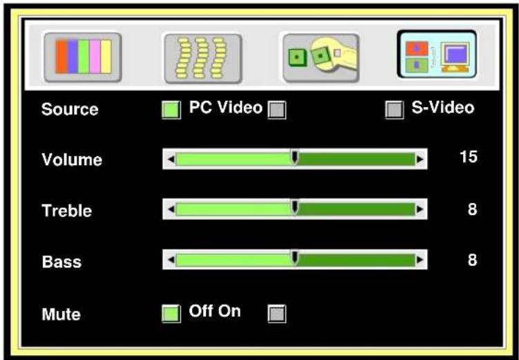 Source Volume 15 Treble 8 Bass 8 Mute Off On PC Video S-Video