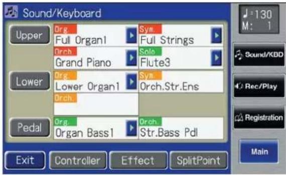 Sound/Keyboard Upper Org Full Organ1 Orch. Grand Piano Sym. Full Strings Solo Flute3 Lower Org Lower Organ1 Orch. Sym. Orch.Str.Ens Pedal Org. Organ Bass1 Orch. Str.Bass Pdl Exit Controller Effect SplitPoint 130 M: 1 Sound/KBD Rec/Play Registration Main