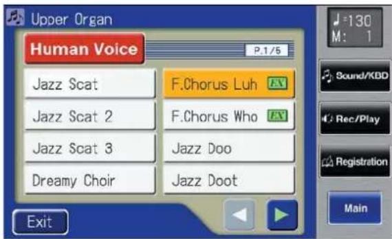 Upper Organ Human Voice P.1/5 Jazz Scat F.Chorus Luh Jazz Scat 2 F.Chorus Who Jazz Scat 3 Jazz Doo Dreamy Choir Jazz Doot Exit 130 M: 1 Sound/KBD Rec/Play Registration Main