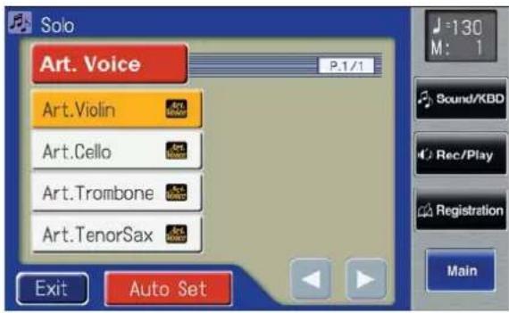 Solo Art. Voice P.1/1 Art.Violin Art.Cello Art.Trombone Art.TenorSax Exit Auto Set J: 130 M: 1 Sound/KBD Rec/Play Registration Main