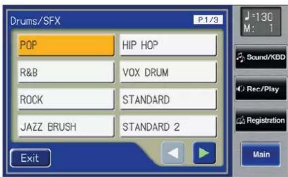 Drums/SFX P1/3 POP HIP HOP R&B VOX DRUM ROCK STANDARD JAZZ BRUSH STANDARD 2 Exit 130 M: 1 Sound/KBD Rec/Play Registration Main