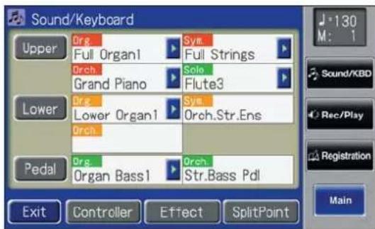Sound/Keyboard Upper Org Sym Full Organ1 Full Strings Orch Sole Grand Piano Flute3 Lower Org Sym Lower Organ1 Orch.Str.Ens Orch Pedal Org Organ Bass1 Orch Str.Bass Pdl Exit Controller Effect SplitPoint J = 130 M : 1 Sound/KBD Rec/Play Registration Main