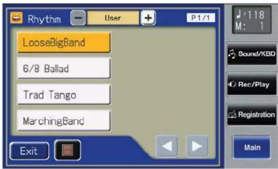 Rhythm User P1/1 LooseBigBand 6/8 Ballad Trad Tango MarchingBand Exit 118 M: Sound/KBD Rec/Play Registration Main