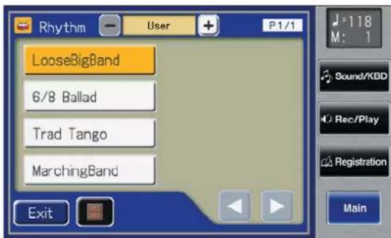 Rhythm User P1/1 LooseBigBand 6/8 Ballad Trad Tango MarchingBand Exit 118 M: 1 Sound/KBD Rec/Play Registration Main