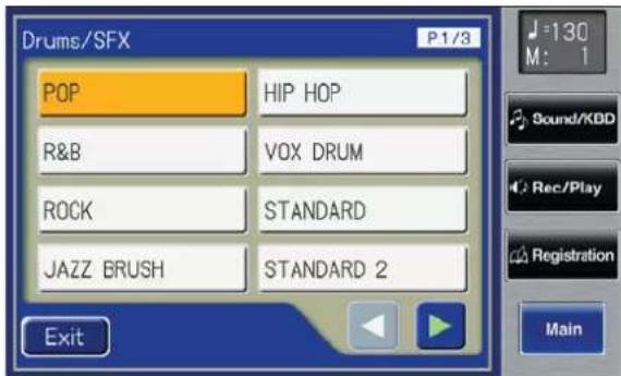 Drums/SFX P1/3 POP HIP HOP R&B VOX DRUM ROCK STANDARD JAZZ BRUSH STANDARD 2 Exit 130 M: 1 Sound/KDD Rec/Play Registration Main