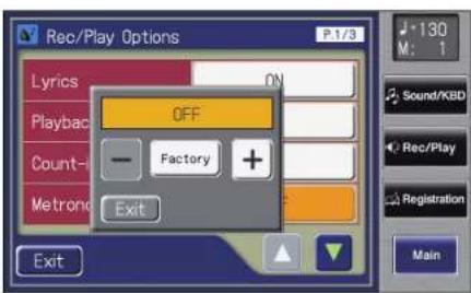 Rec/Play Options P.1/3 Lyrics ON Playback Count- Metrono OFF Factory + Exit 130 M: 1 Sound/KBD Rec/Play Registration Main