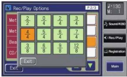 Rec/Play Options P.2/3 2 0 2 3 2 4 4 5 6 7 4 4 4 4 4 3 6 9 12 8 8 8 8 Exit M: 1 Sound/KBD Rec/Play Registration Main
