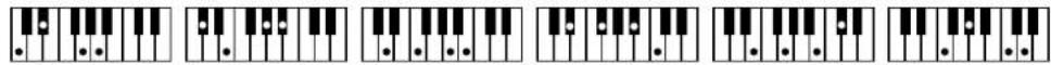 Sequence of piano keyboard icons showing progressive alignment or insertion of keys