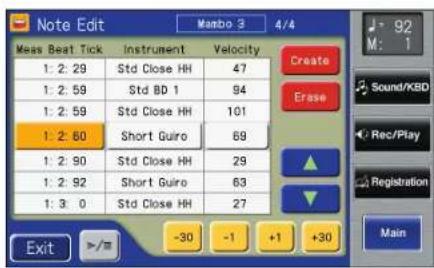 Note Edit Manbo 3 4/4 Mass Beat Tick Instrument Velocity 1: 2: 29 Std Close HH 47 1: 2: 59 Std BD 1 94 1: 2: 59 Std Close HH 101 1: 2: 60 Short Guiro 69 1: 2: 90 Std Close HH 29 1: 2: 92 Short Guiro 63 1: 3: 0 Std Close HH 27 Exit >/- -30 -1 +1 +30 Create Erase Sound/XBD Rec/Play Registration Main