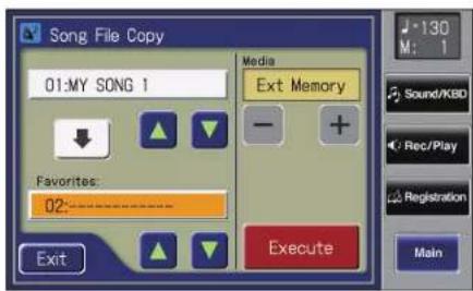 Song File Copy 01:MY SONG 1 Media Ext Memory - + Favorites: 02:---- Exit Execute -130 M: 1 Sound/KBD Rec/Play Registration Main