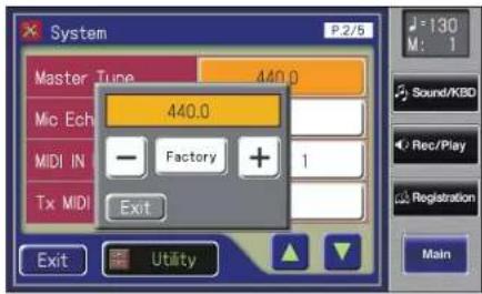 System P2/5 Master Type 440.0 Mic Echo 440.0 MIDI IN - Factory + 1 Tx MIDI Exit Exit Utility J=130 M: 1 Sound/KBD Rec/Play Registration Main