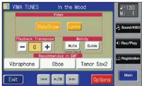 VIMA TUNES In the Mood Video SlideShow Lyrics Playback Transpose Melody - 0 + Get her Capsal Recommended in SME Vibraphone Oboe Tenor Sax2 Exit Options 130 M: 1 Sound/KBD Rec/Play Registration Main