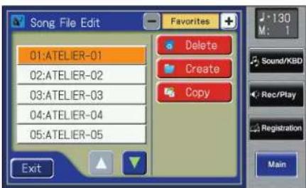 Song File Edit Favorites + 01:ATELIER-01 02:ATELIER-02 03:ATELIER-03 04:ATELIER-04 05:ATELIER-05 Exit Delete Create Copy 130 M: 1 Sound/KBD Rec/Play Registration Main